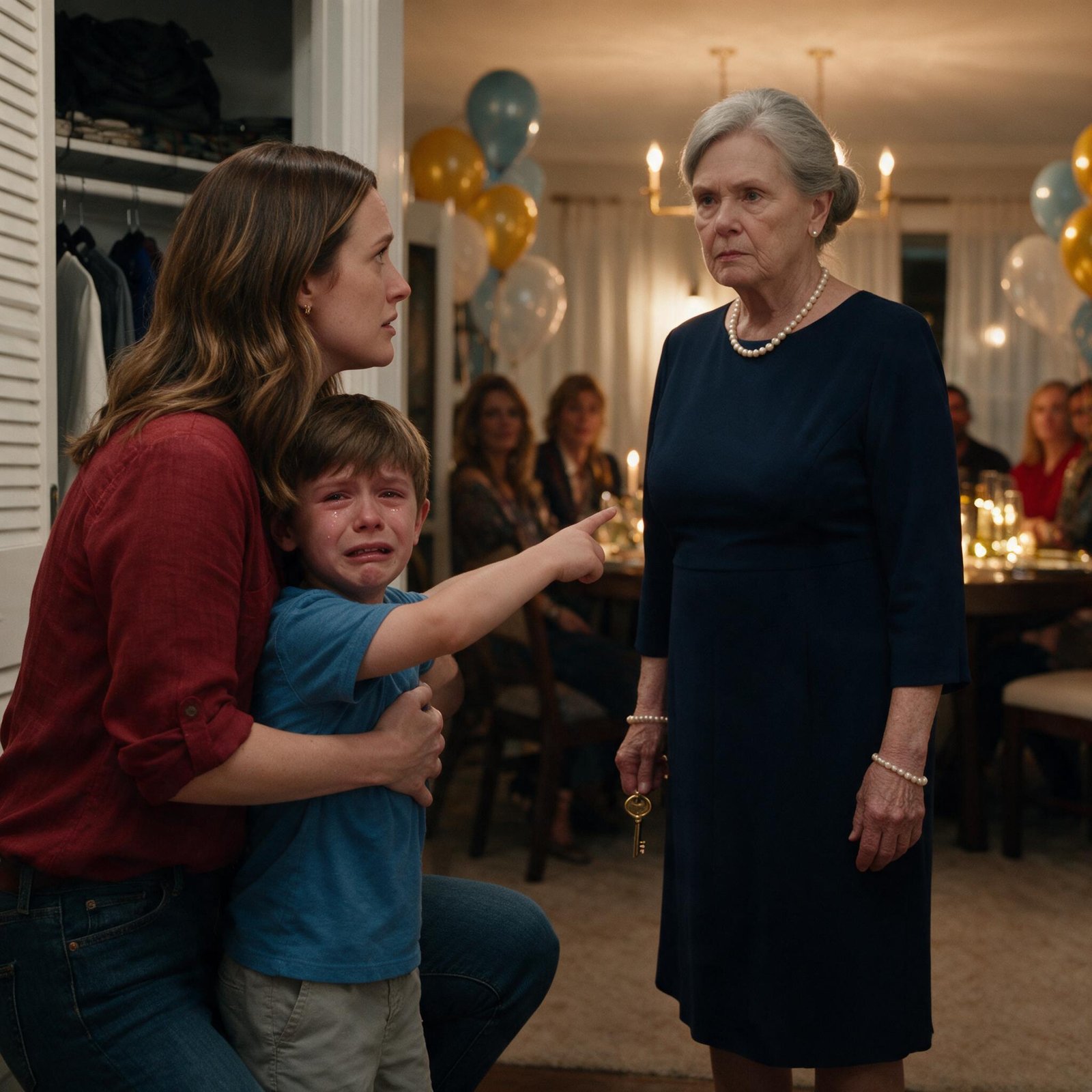 A mother kneeling and hugging her crying son in front of an open closet while the grandmother stands holding a brass key at her birthday dinner
