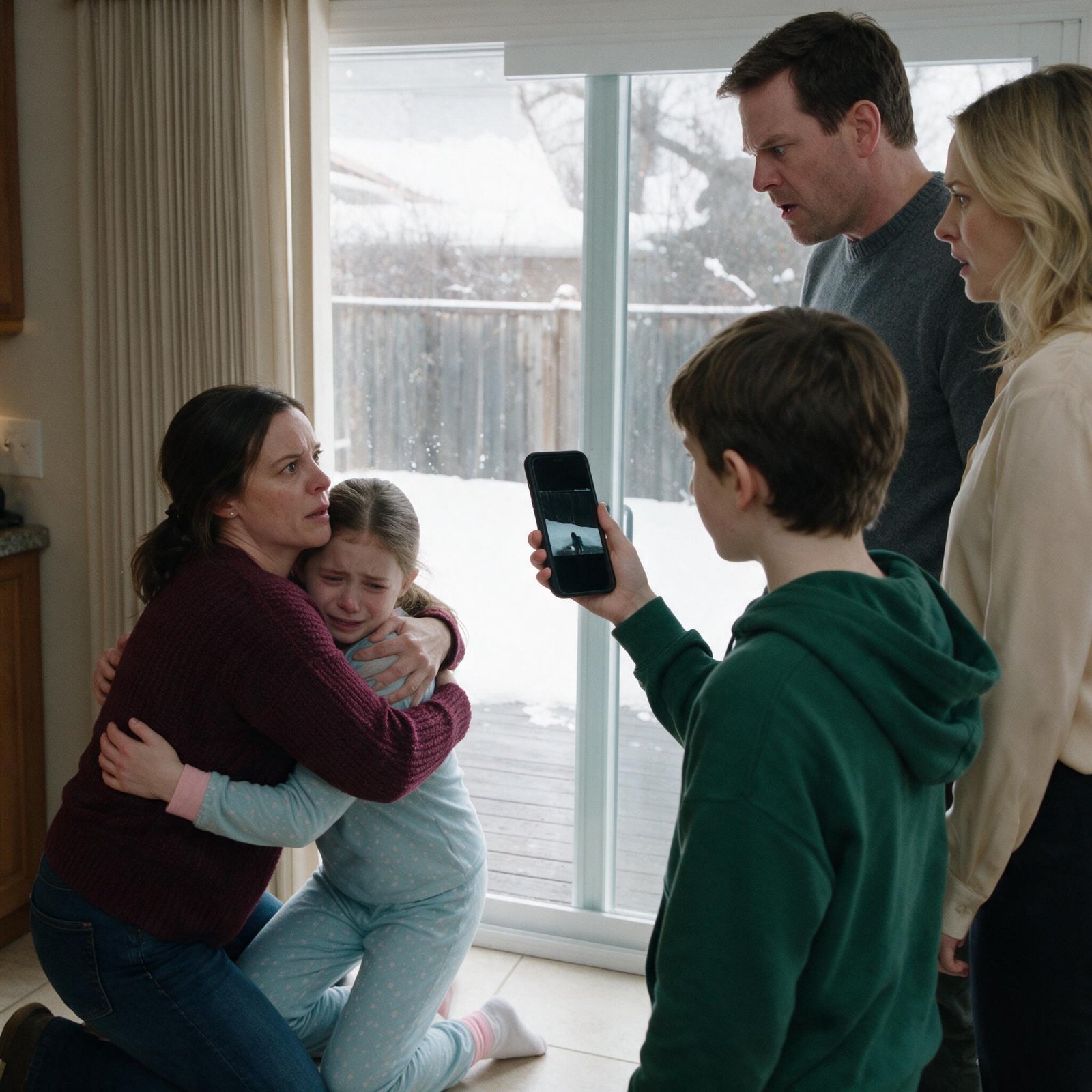 A mother kneeling and hugging her daughter in pajamas by an open glass door to a snowy backyard, while a boy in a green hoodie holds up a phone