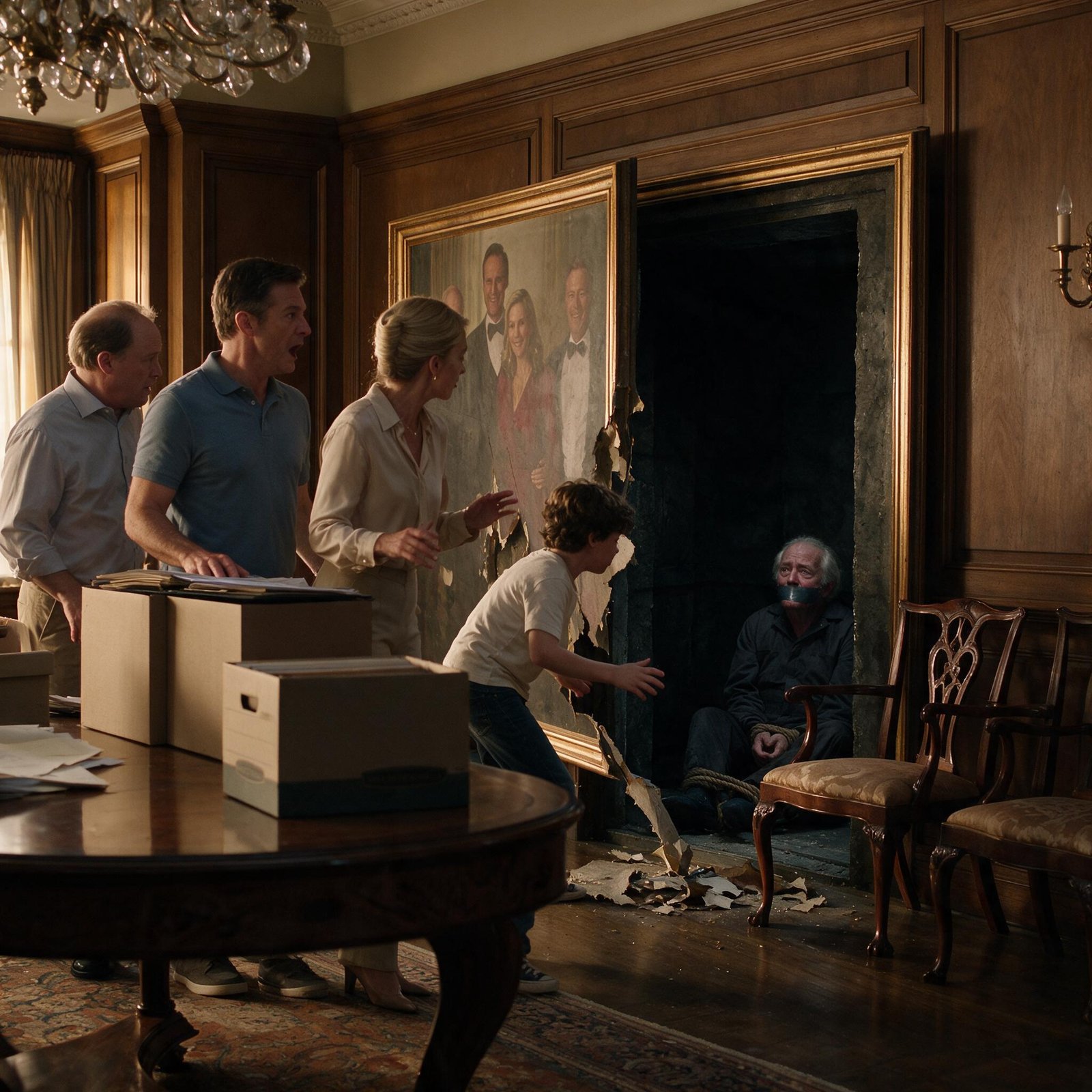 A boy reaching toward a hidden vault niche behind a torn gilt-framed family portrait where a white-haired man sits bound with rope and duct tape, shocked relatives frozen beside boxes of documents