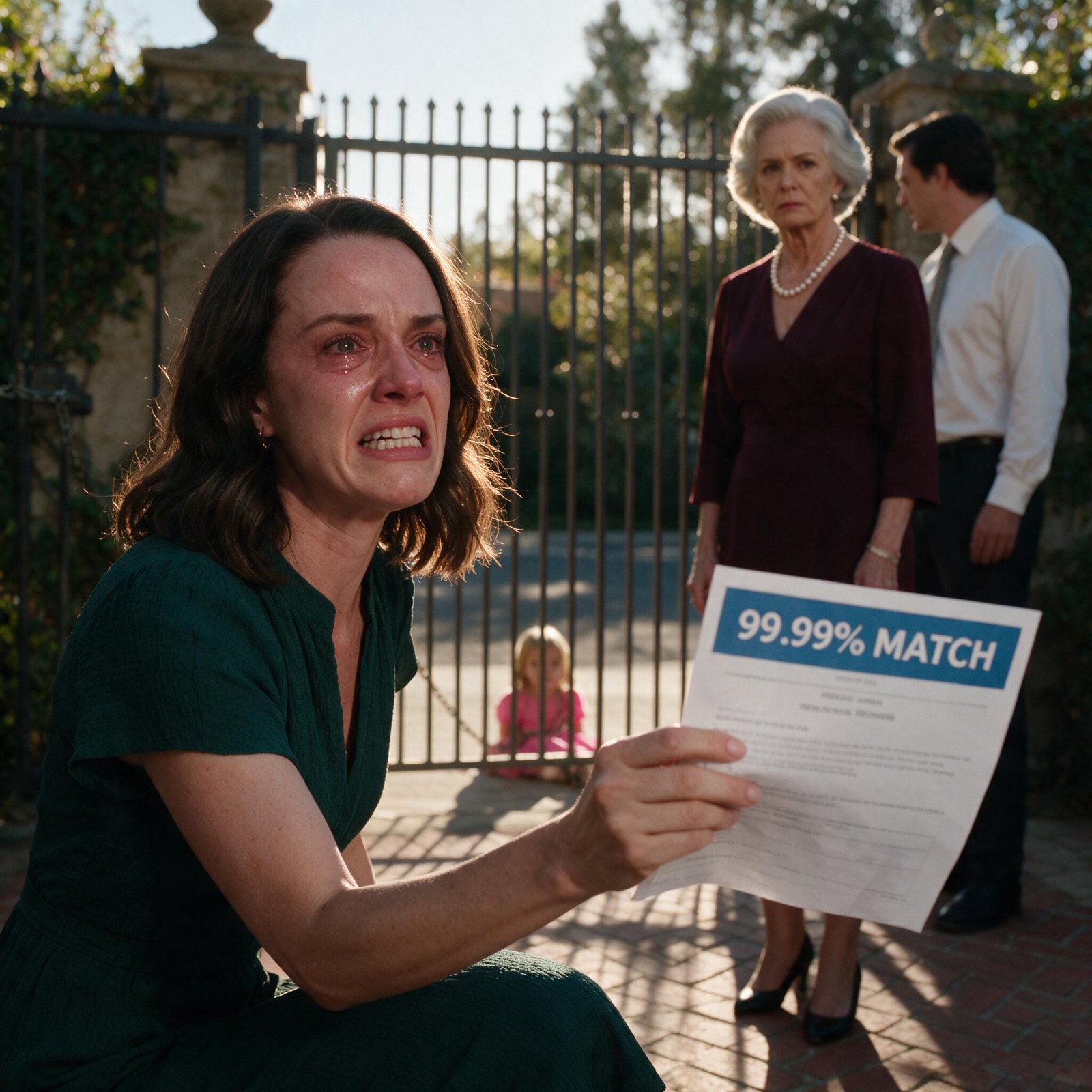 A mother in a green dress holding up a DNA report reading 99.99% MATCH outside an iron estate fence, her daughter in pink sitting behind the bars