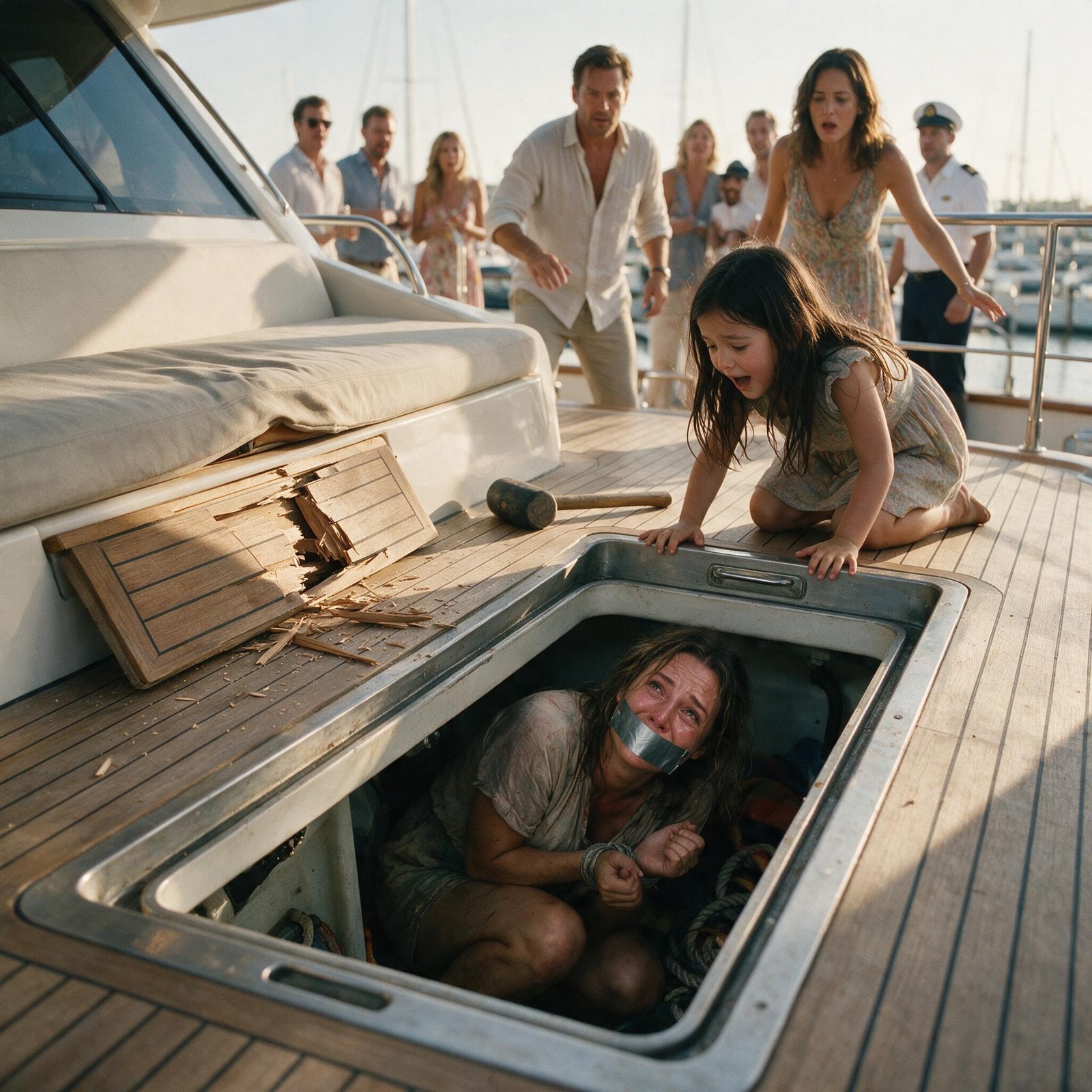 An eleven-year-old girl kneeling on a yacht deck beside a metal hatch she has just opened, her bound and taped mother crouched in the low compartment below, guests and her stepfather frozen behind her