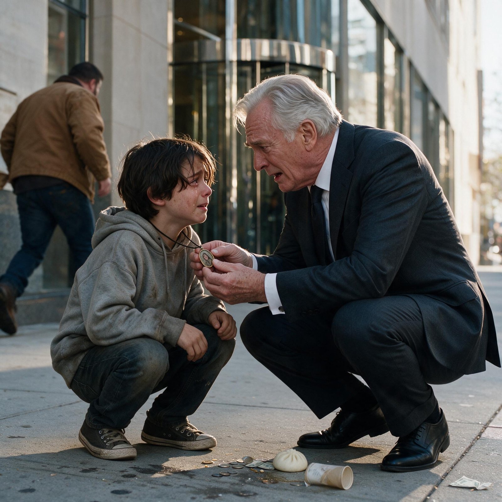 A silver-haired man in a charcoal suit crouched on a sidewalk, opening a small tarnished pendant around a crying homeless boy's neck, a steamed bun and scattered coins on the pavement